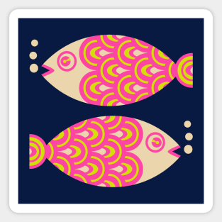 TWO FUN SWIMMING GEOMETRIC FISH in Bright Hot Pink, Chartreuse Green and Sand - UnBlink Studio by Jackie Tahara Magnet